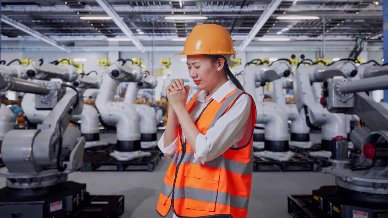 Factory worker praying in front of industrial robots