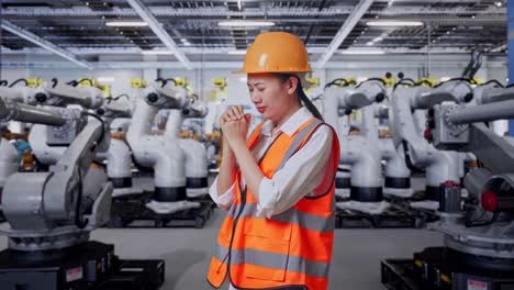 trabajador de una fábrica orando frente a robots industriales