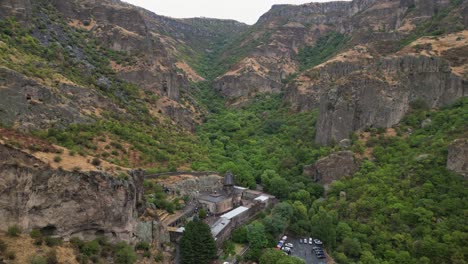 aerial retreats from geghard monastery in azat river gorge, armenia