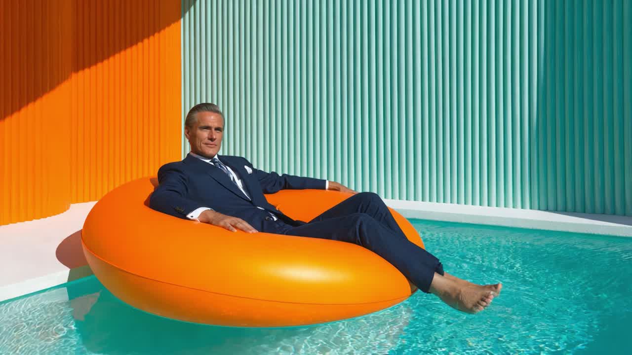 Relaxation in Style: A Tufted Orange Float Embracing a Gentleman’s Sophisticated Look Against a Vibrant Aqua and Orange Background