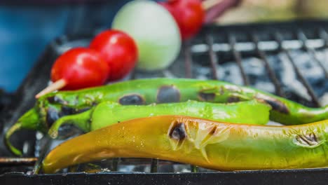 cinemagraph of smoke emitted from cooking tomato onion and green chili pepper on a hot bbq grill