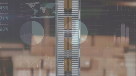 animation of statistics and data processing over cardboard boxes on conveyor belt