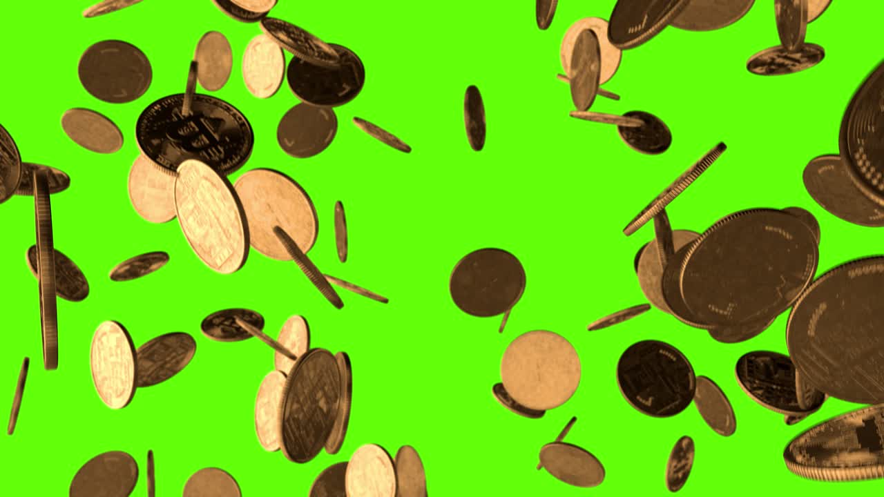 Bitcoin Coins Falling on a Green Screen Background