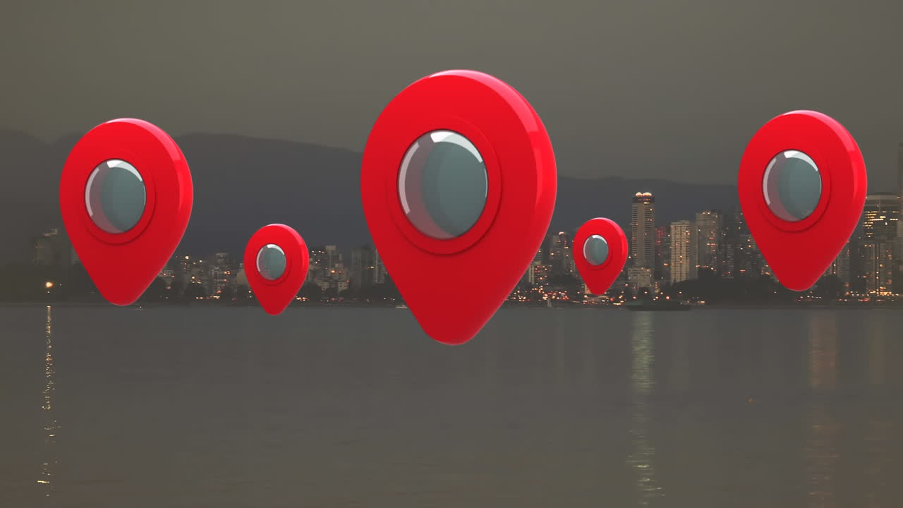 alfileres de mapa y una vista de la ciudad