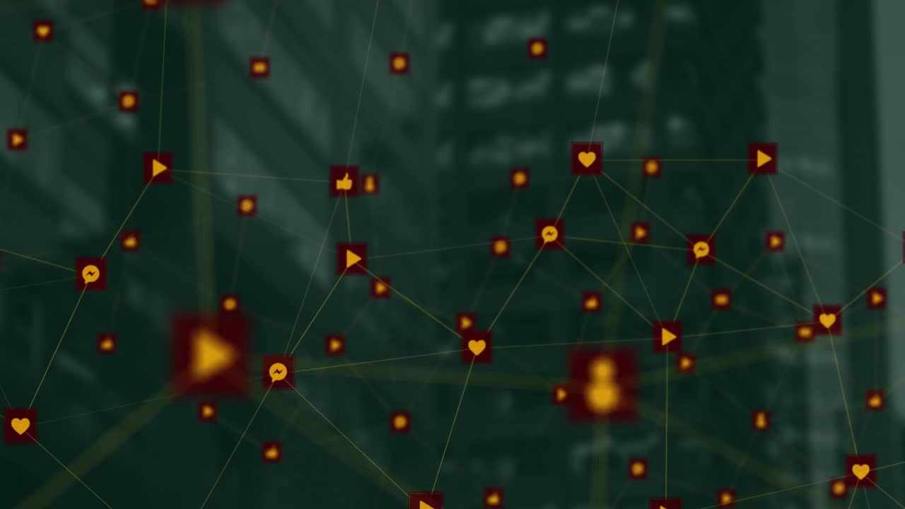 animación de una red de iconos digitales flotando contra una vista aérea de edificios altos
