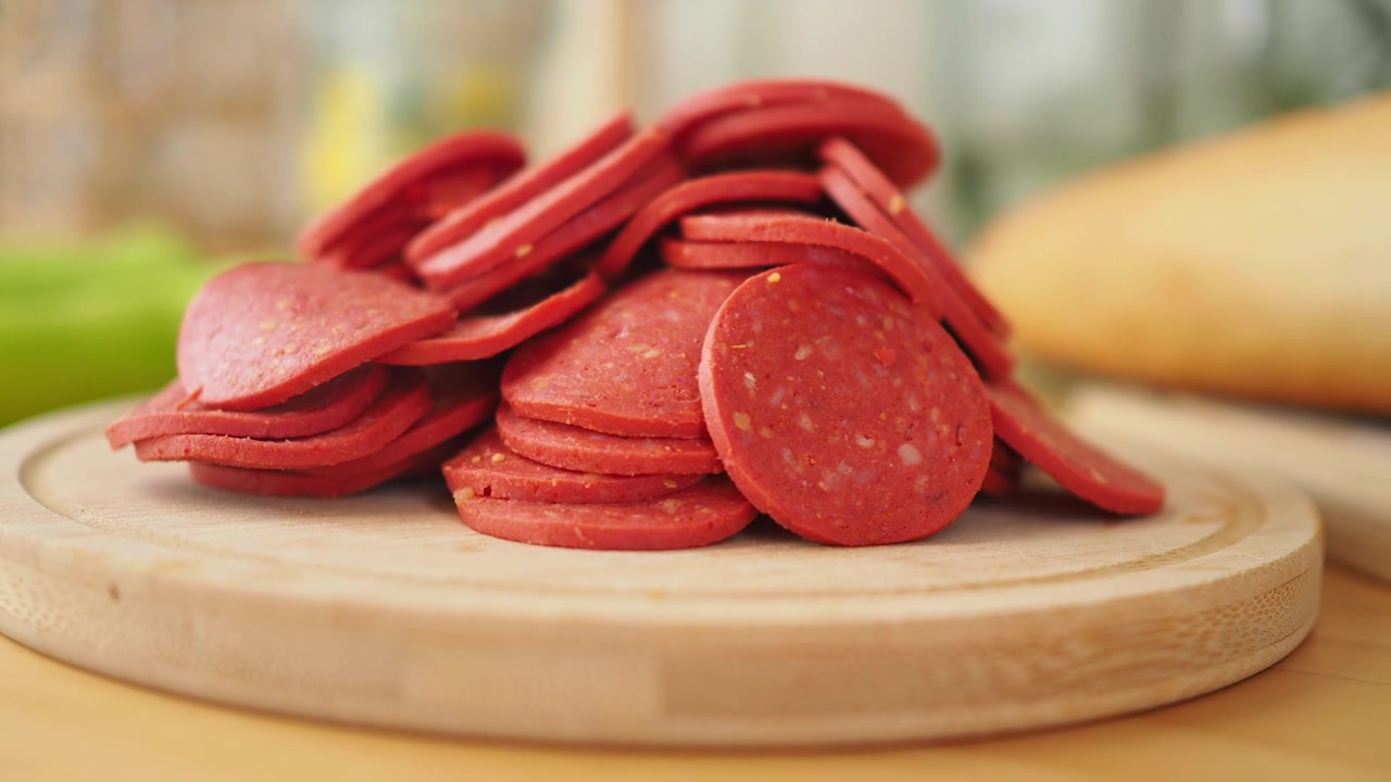 Pila di salame affettato su un tagliere di legno
