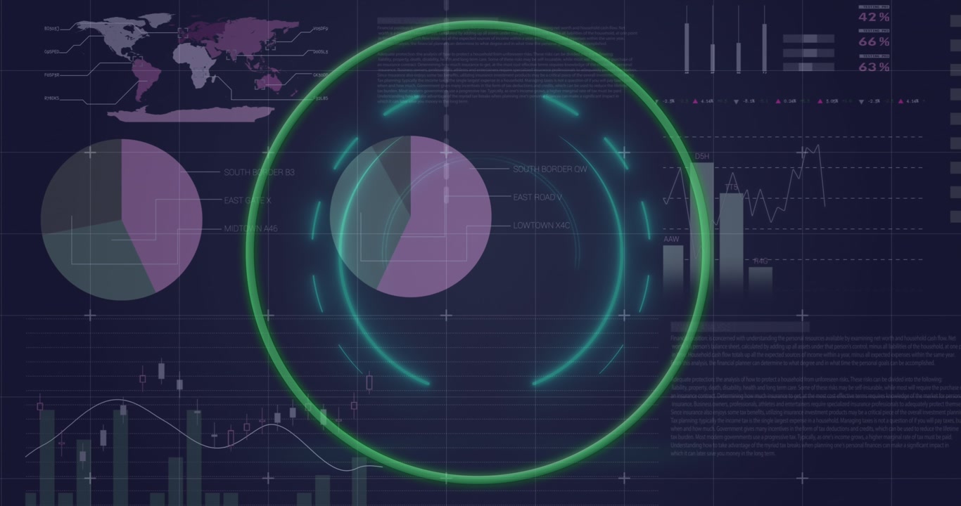Animation of neon green round banner and statistical data processing against blue background