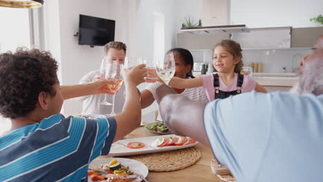 multi-generation mixed race family making a toast before eating meal around table at home together