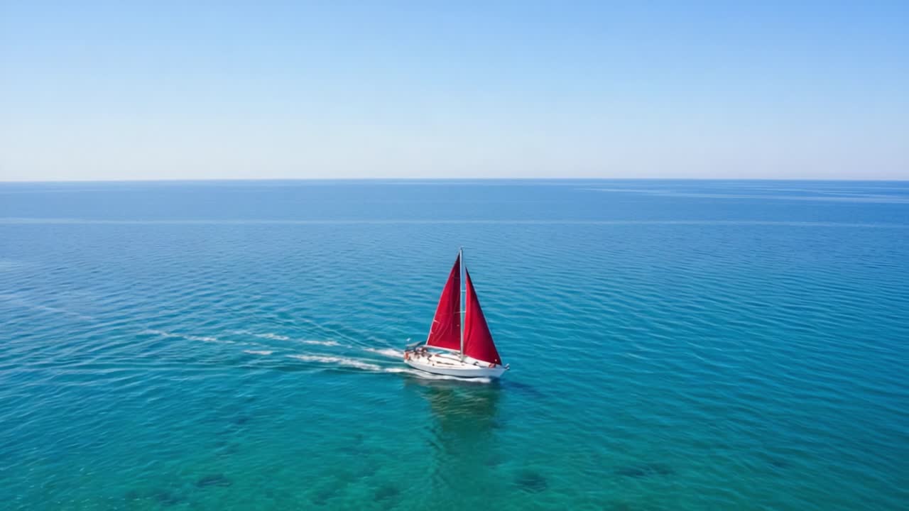 Sailboat with red sails on clear blue ocean water