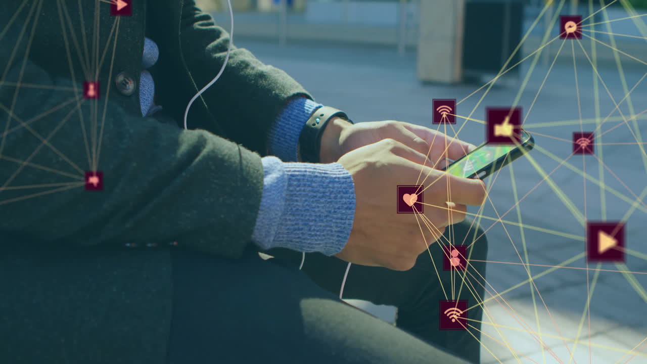 스마트폰을 사용하는 사람, 소셜 미디어 네트워크 애니메이션에 연결된 이어폰을 가진 사람