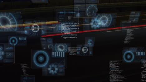 Animation-of-round-scanners-and-data-processing-against-time-lapse-of-city-traffic-at-night