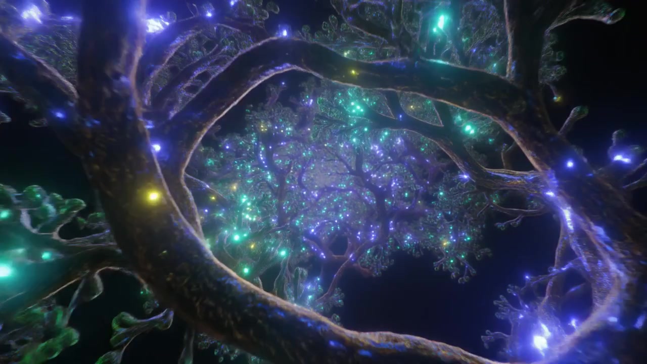 Rami di Alberi Bioluminescenti Luminosi Astratti nello Spazio Oscuro