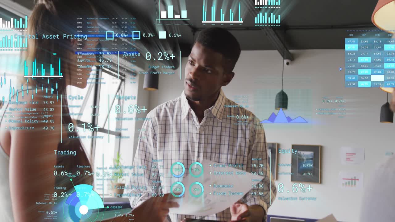 Animation of financial data processing over diverse business people in office