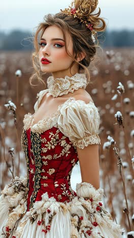 elegant woman in vintage dress surrounded by winter landscape