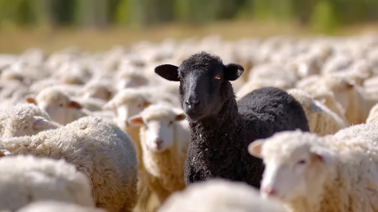 Un contrasto sorprendente in una serena scena pastorale, dove una pecora nera unica spicca in mezzo a un gregge di pecore bianche, a illustrare individualità e armonia nella natura