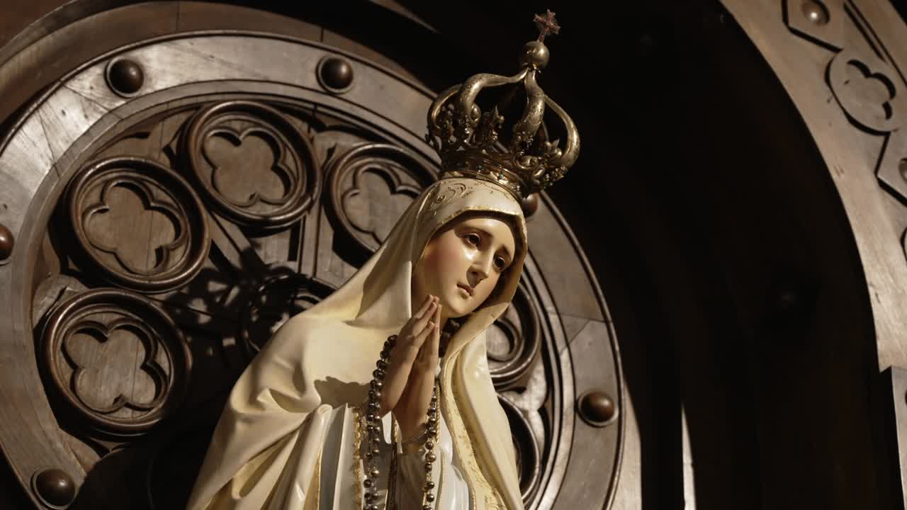 close up of crowned virgin mary statue with rosary in warm indoor lighting