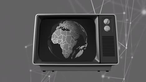 animación de conexiones, televisión antigua y globo sobre fondo gris