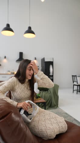 woman experiencing virtual reality in a modern living room