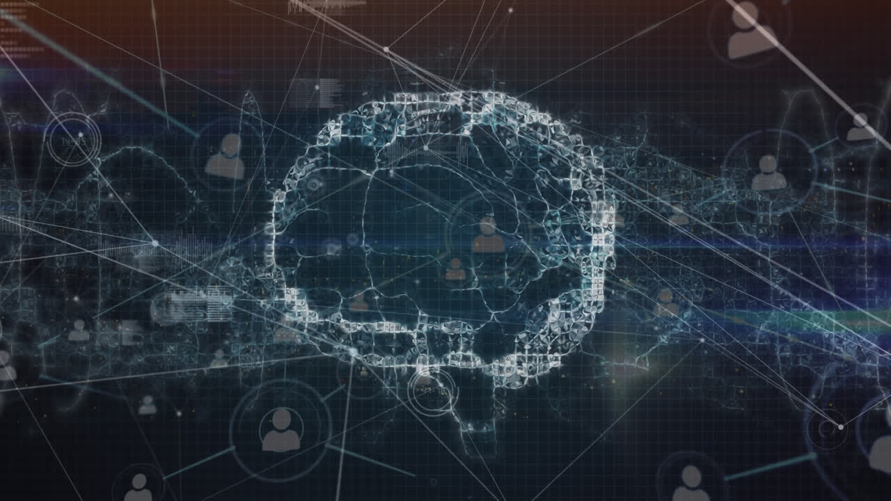 Animation of network of profile icons over spinning human brain against blue background