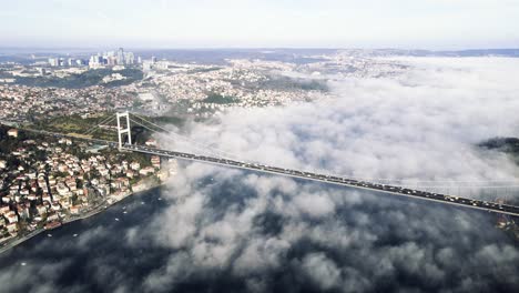 amazing view of istanbul two continent in foggy day from drone shot