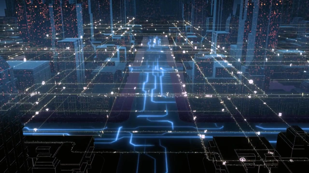 Abstract Digital City with Blue Glowing Network and Data Transfer