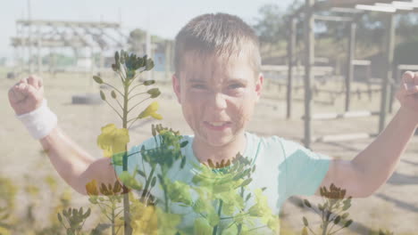 flexing muscles, boy with blooming flowers animation in school playground