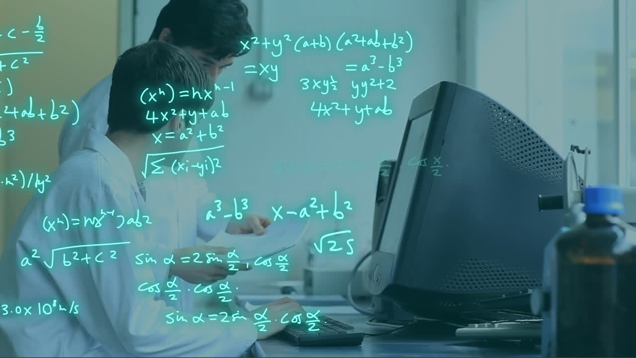 анимация обработки научных данных над кавказскими учеными в лаборатории