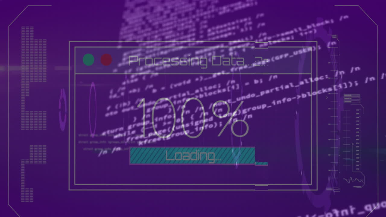 animación de números cambiantes con textos y barra de carga sobre lenguaje informático y círculos.