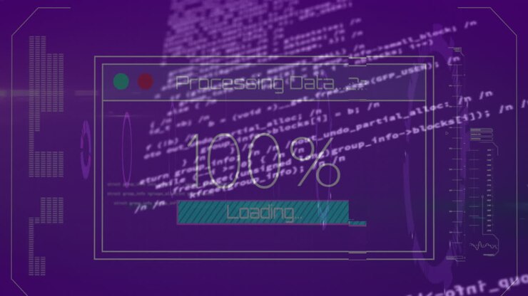 Animatie van veranderende cijfers met teksten en een voortgangsbalk over computertaal en cirkels