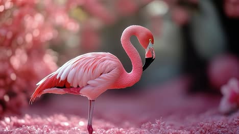 elegant pink flamingo in flowers. a pink flamingo stands gracefully on one leg amidst blooming flowers in a vibrant garden during daylight.