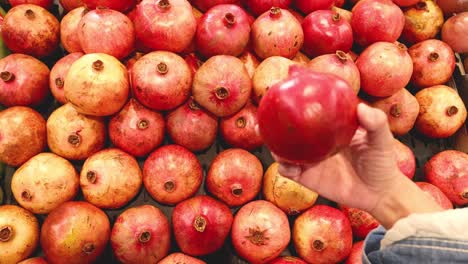 hand picking pomegranates from a market display