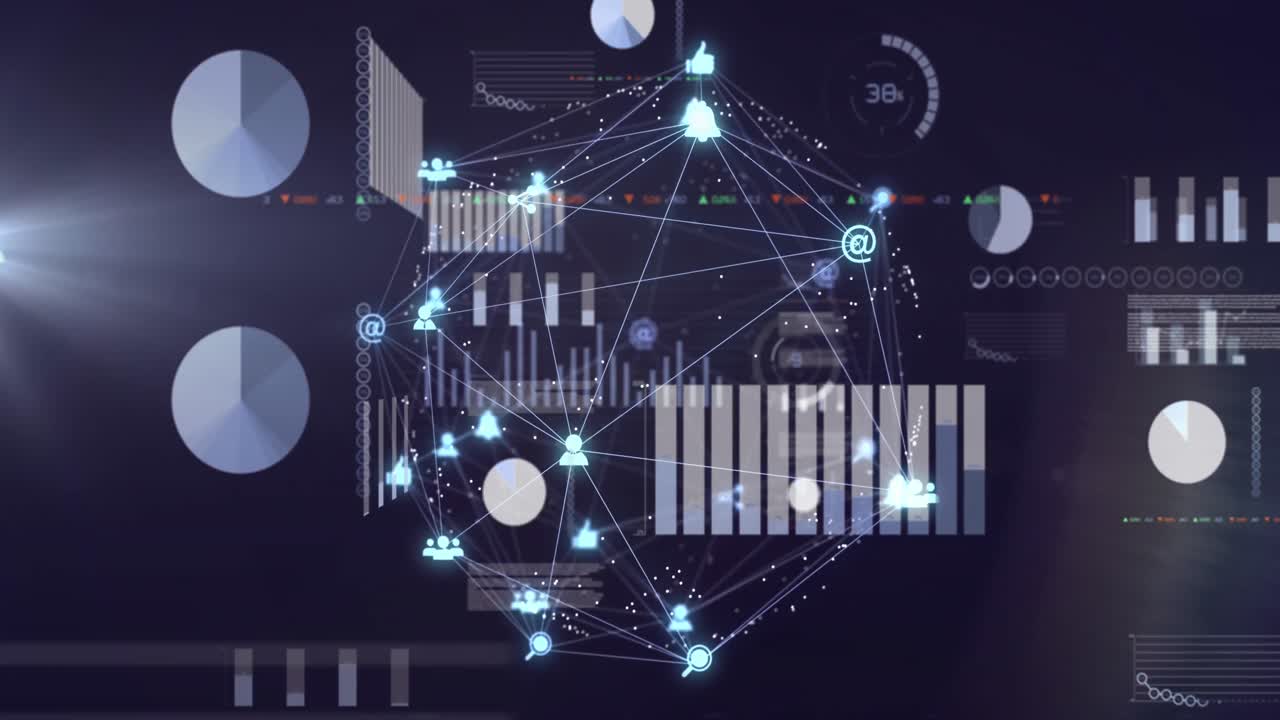 Animation of icons connected with lines forming globe and rotating over infographic interface