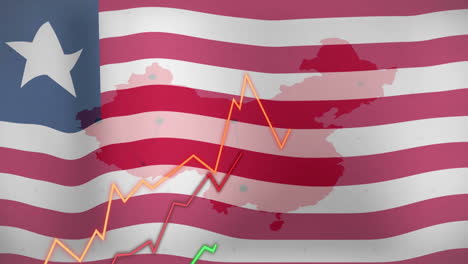 stock market trends animation over liberia flag and china map