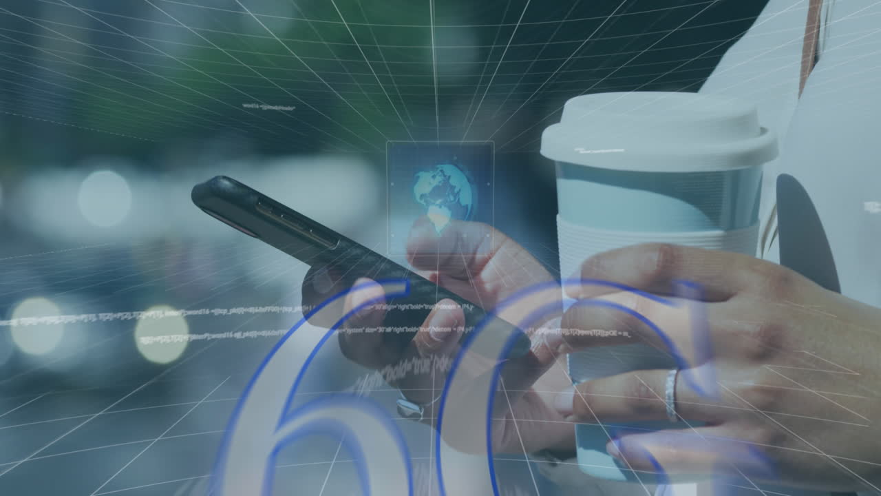 도시에서 스마트폰을 사용하는 여성에 대한 6g 텍스트, 스 스캔 및 데이터 처리의 애니메이션