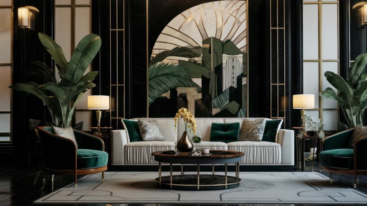 Luxurious Art Deco living room with a low-angle view, showcasing elegant furniture and decor