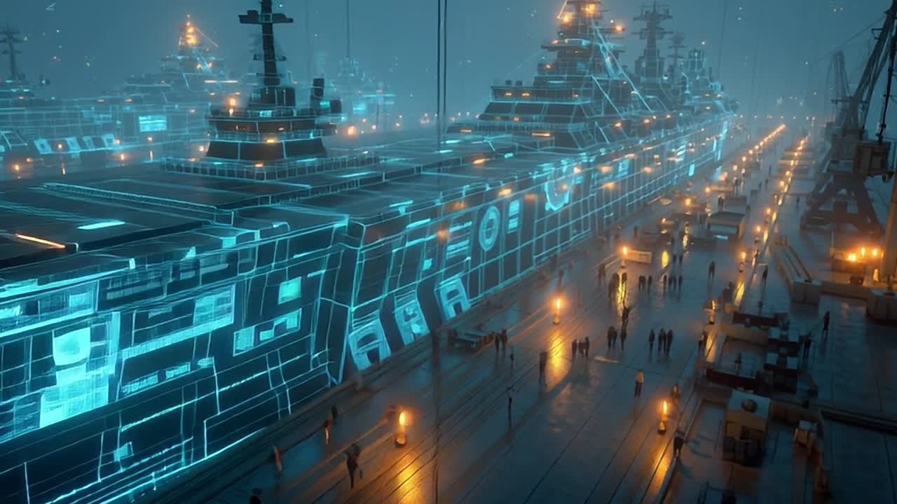 Digital shipyard at night with futuristic vessels and workers present