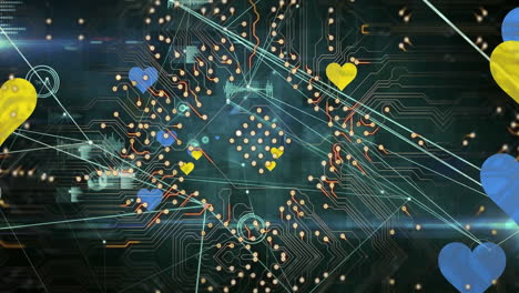 Animation of connections, integrated circuit and blue and yellow hearts on black background