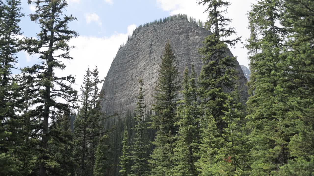 Beautiful view of a rocky mountain top with trees around it from the hiking trail up to Lake Agnes Tea House on Mount St. Piran and Mount Whyte, within Banff National Park near Lake Louise Alberta.