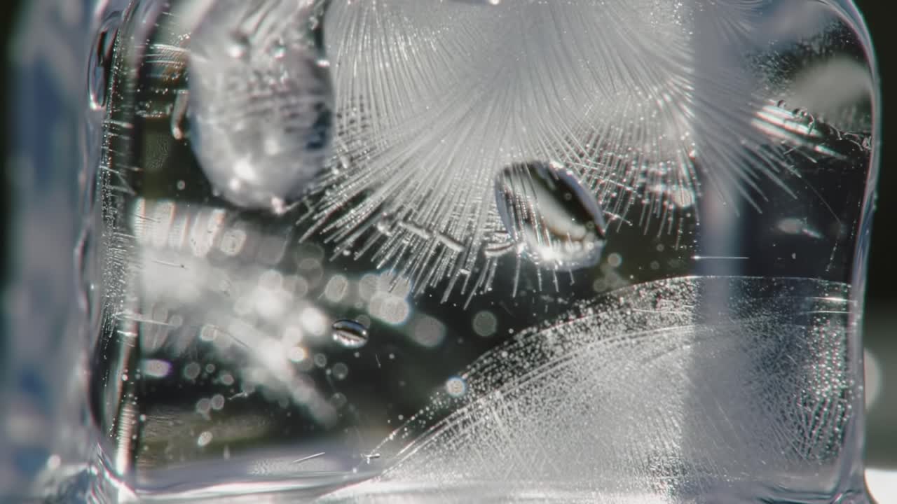 Captivating Ice Formation: A Close-Up Exploration of Intricate Patterns and Bubbles Inside Crystal Clear Ice, Reflecting Light and Creating Stunning Visuals