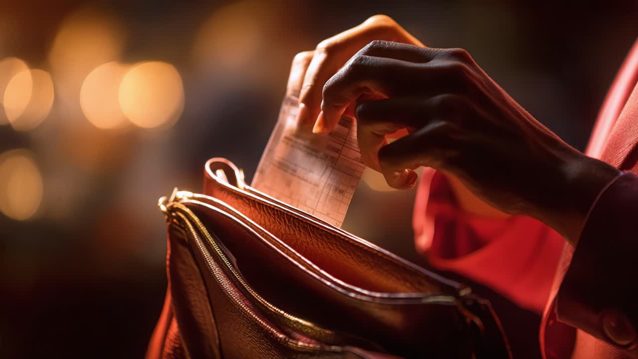 A close-up shot of a hand placing a receipt into a leather bag, illuminated by a soft warm glow in the background, creating an intimate and reflective moment in a cozy setting