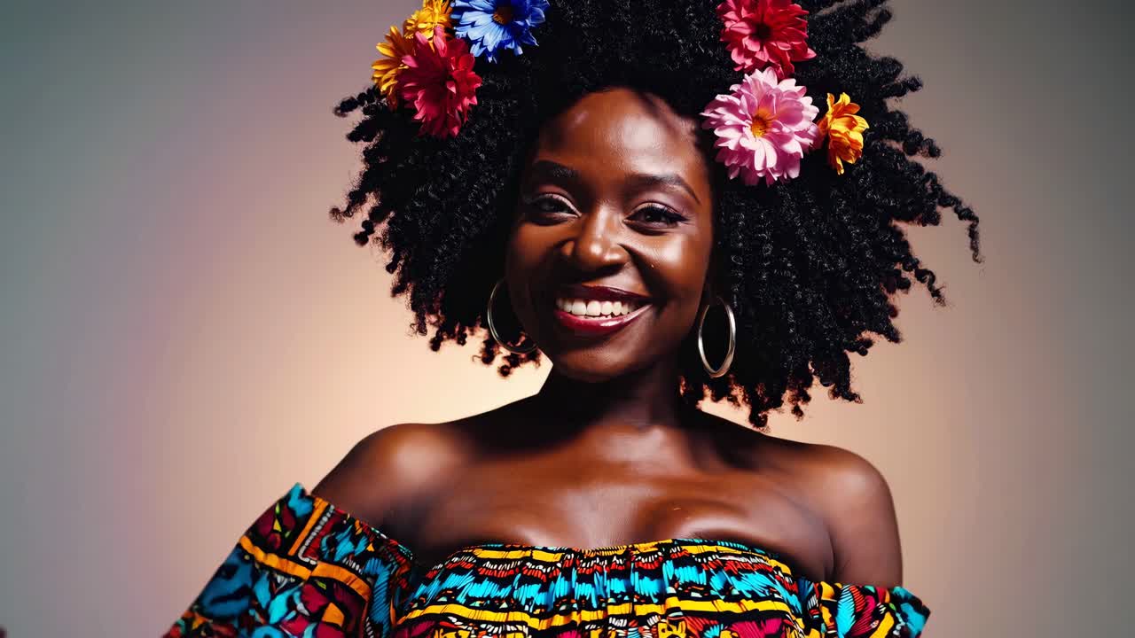 Vibrant video portrait of a smiling woman with floral hair accessories, shot from a front angle