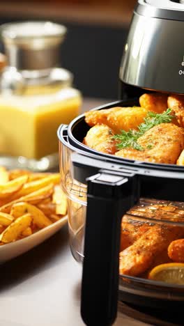 deliciously cooked chicken and fries using an air fryer in a cozy kitchen