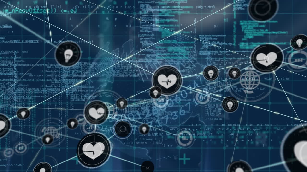 анимация сети соединений с иконками по сетке