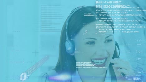 Animation-of-Caucasian-woman-wearing-headset-and-using-computer-over-data-recording