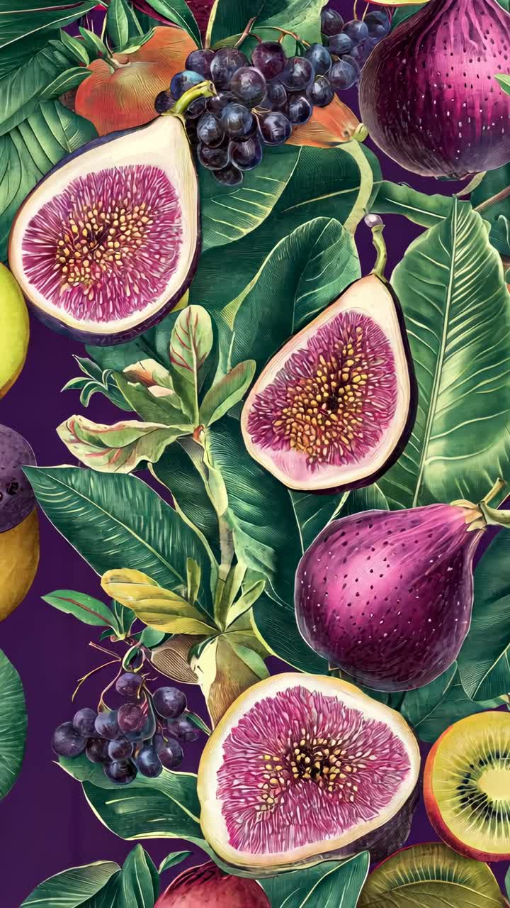 Vibrant video concept with a top-down angle, showcasing a colorful array of fruits and leaves