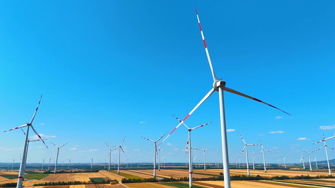 Wind turbine casting shadow over golden fields under sky. Drone view of clean power generators in agricultural land during sunny afternoon.