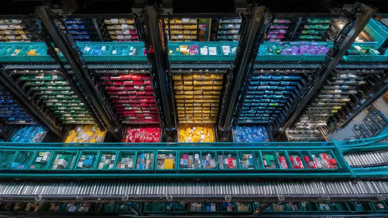 A High-Resolution Overview of an Advanced Automated Storage System with Vibrantly Colored Packages Organized in Neatly Arranged Sections for Efficient Retrieval and Shipping