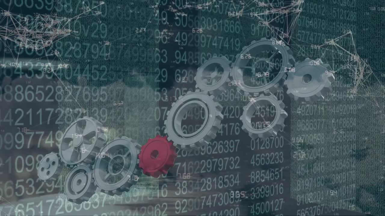 animación de engranajes que se mueven con redes a través del procesamiento de datos de codificación binaria