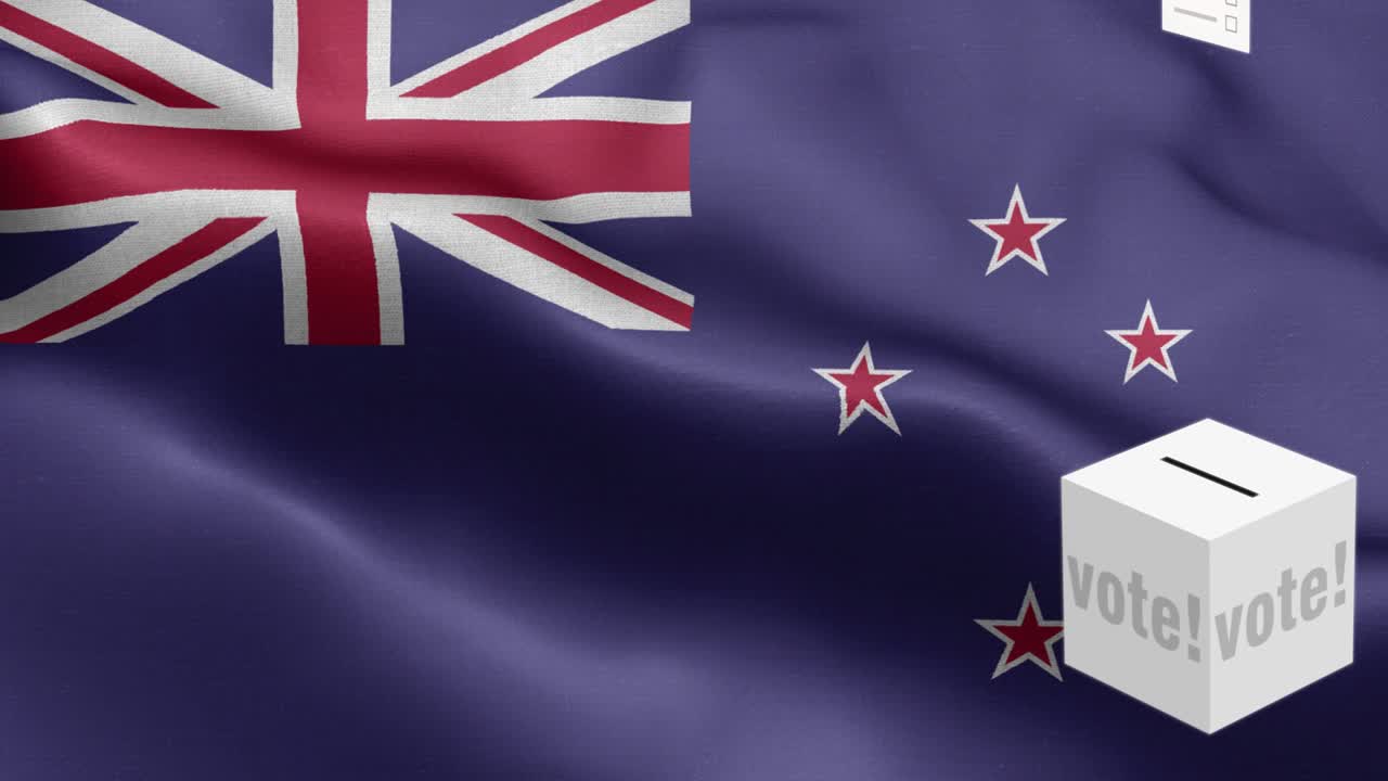 투표용지가 뉴질랜드를 위해 박스에 날아갑니다. 선택 - 발 앞에 있는 투표용지 - 선거 - 투표 - 뉴질랜드의 발 - 뉴질랜드 발 높은 세부 사항 - 국가 발 뉴질랜드의 파동 패턴 루프 가능한 요소 - 직물 질감과 끝없는 루프