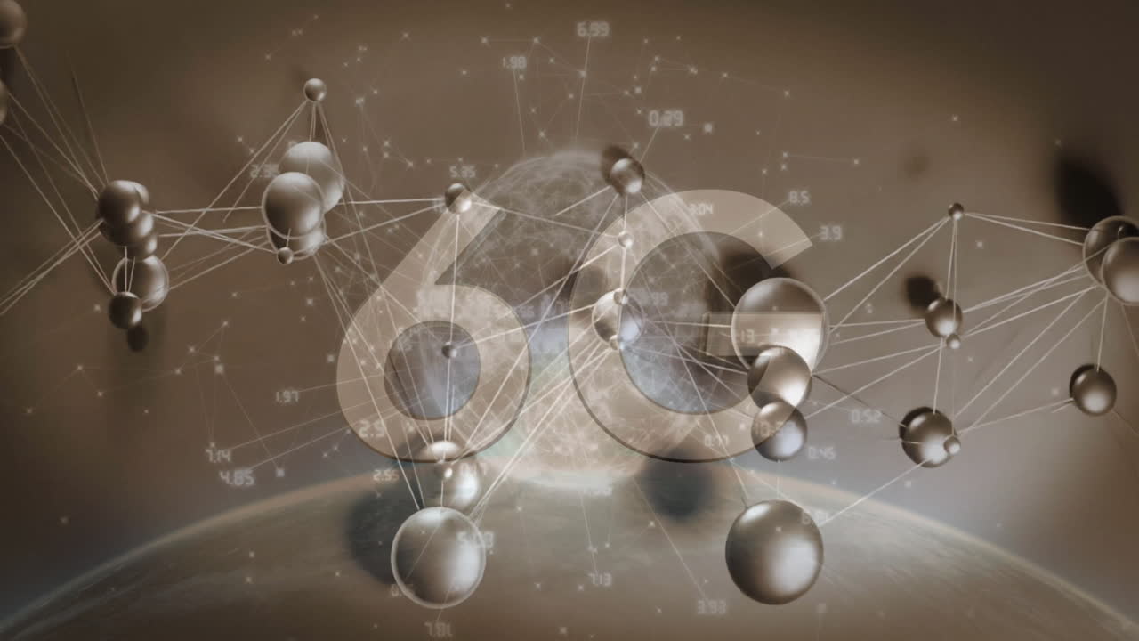 Metallic spheres floating and connecting in digital space, showing circular charts and data